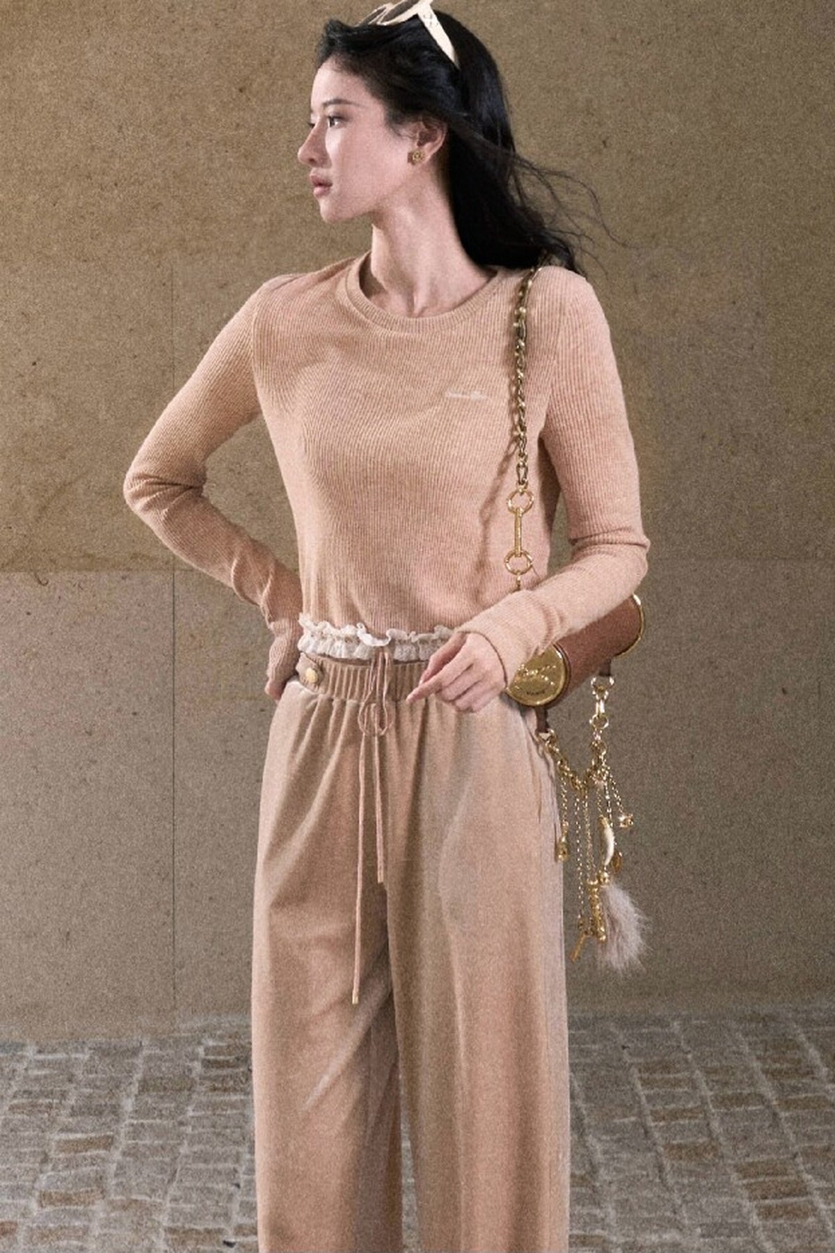 Lace Knit Long-Sleeve Top and Drape Velvet Straight-Leg Pants Set-Up