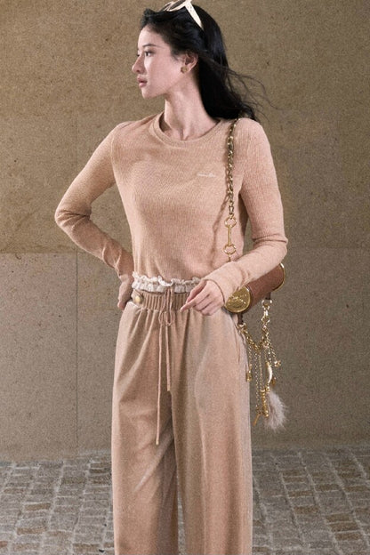 Lace Knit Long-Sleeve Top and Drape Velvet Straight-Leg Pants Set-Up