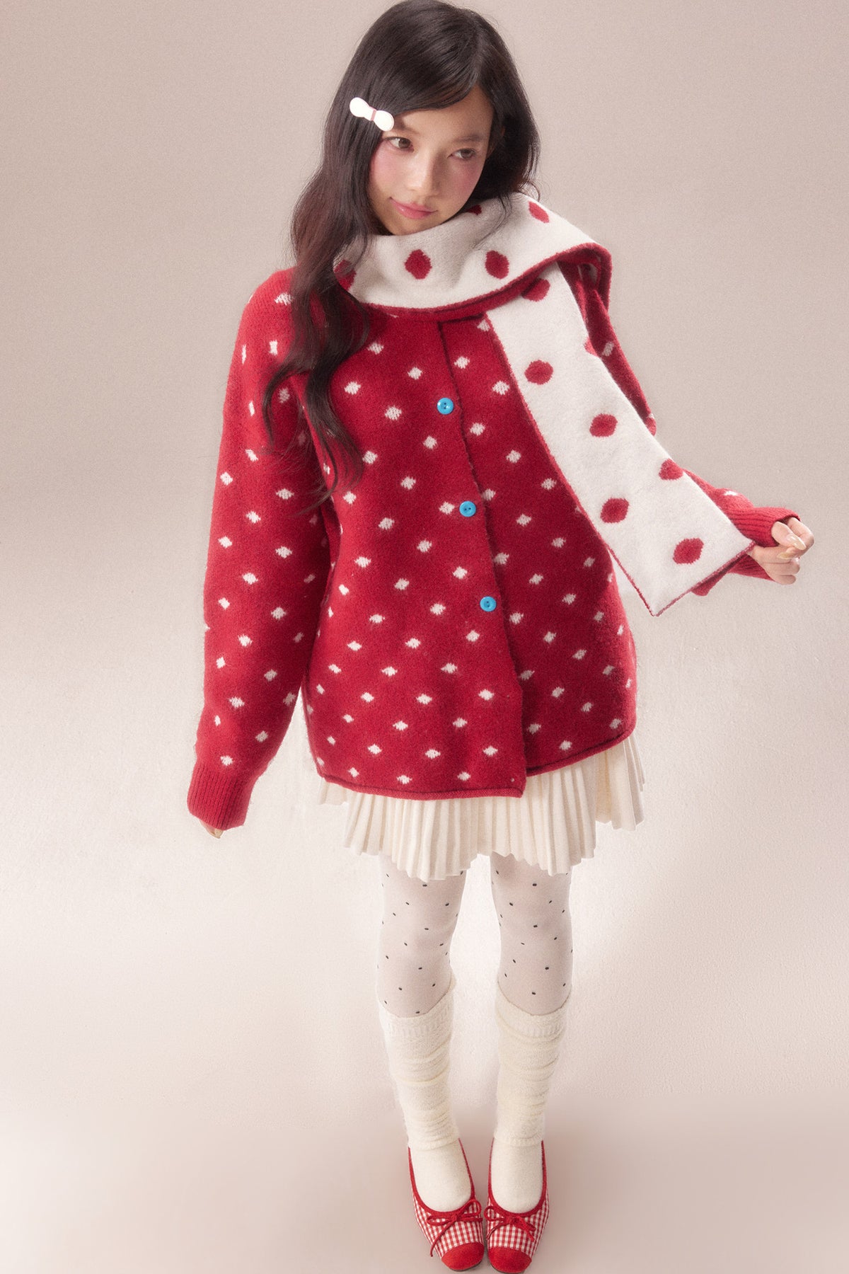 Polka Dot Scarf Knit Cardigan