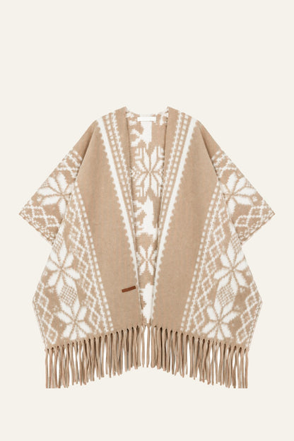 Khaki Fair Isle Jacquard Long Tassel Cape