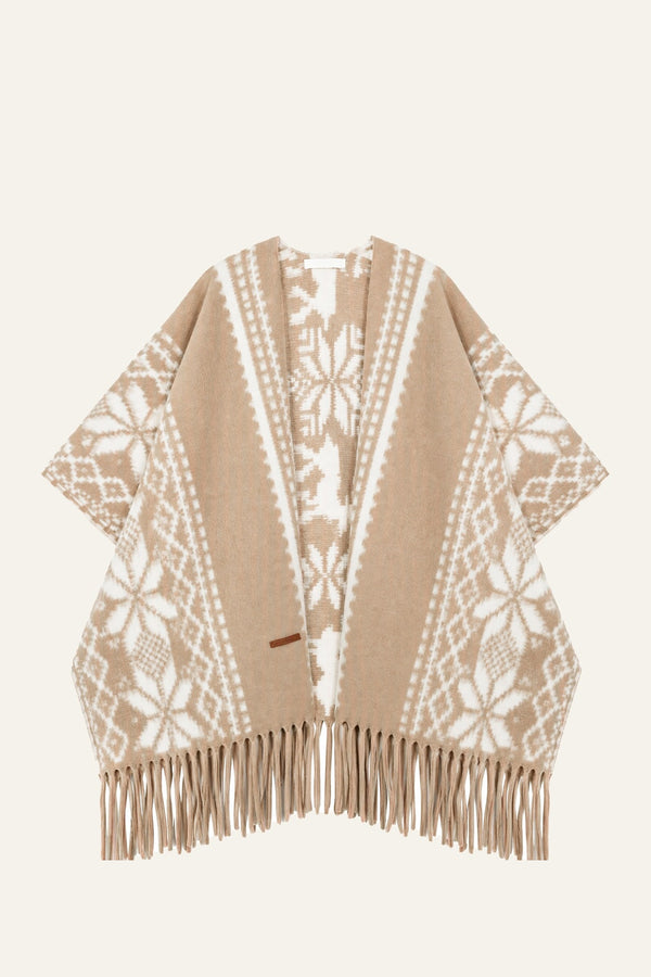 Khaki Fair Isle Jacquard Long Tassel Cape