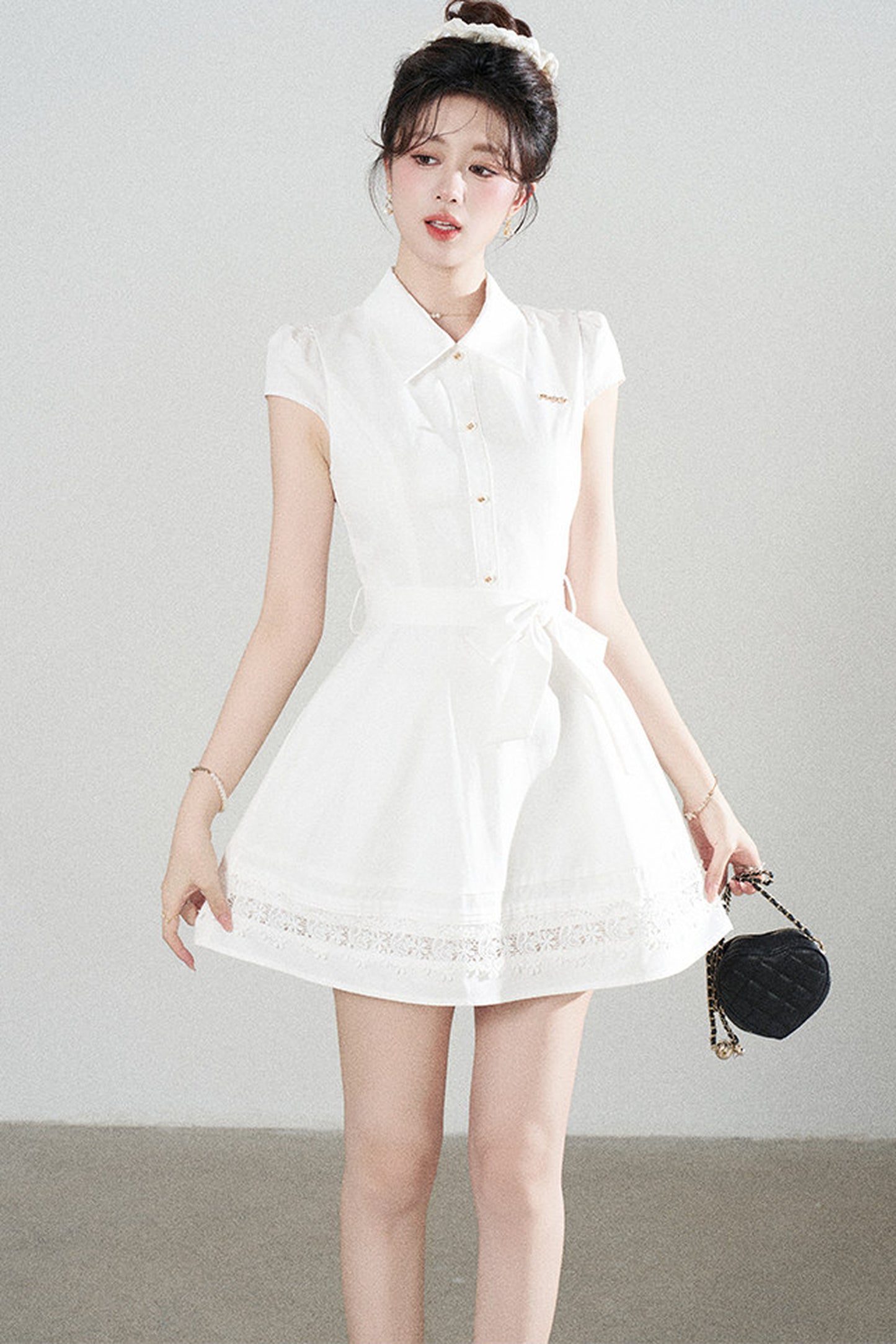 White Lace-Up Waist Puff Dress