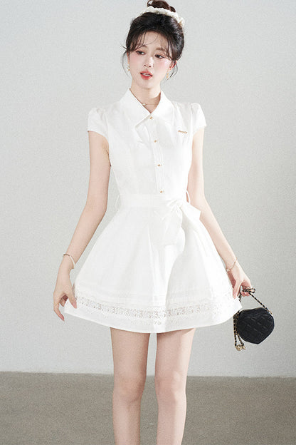 White Lace-Up Waist Puff Dress