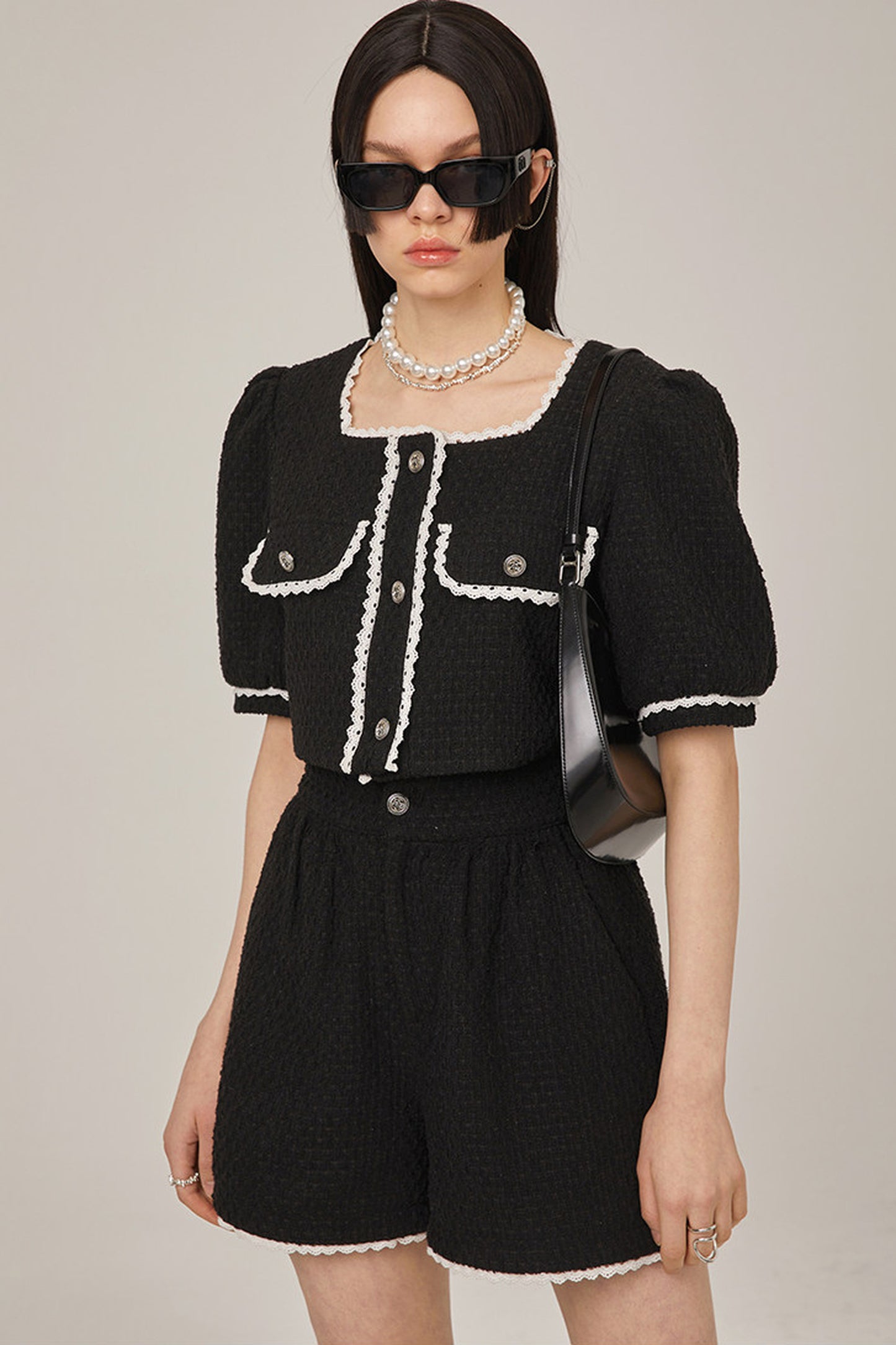 High-Waisted Lace Trim Tweed Shorts