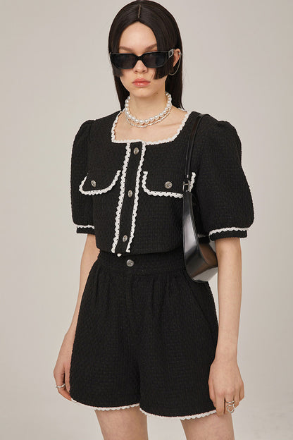 High-Waisted Lace Trim Tweed Shorts