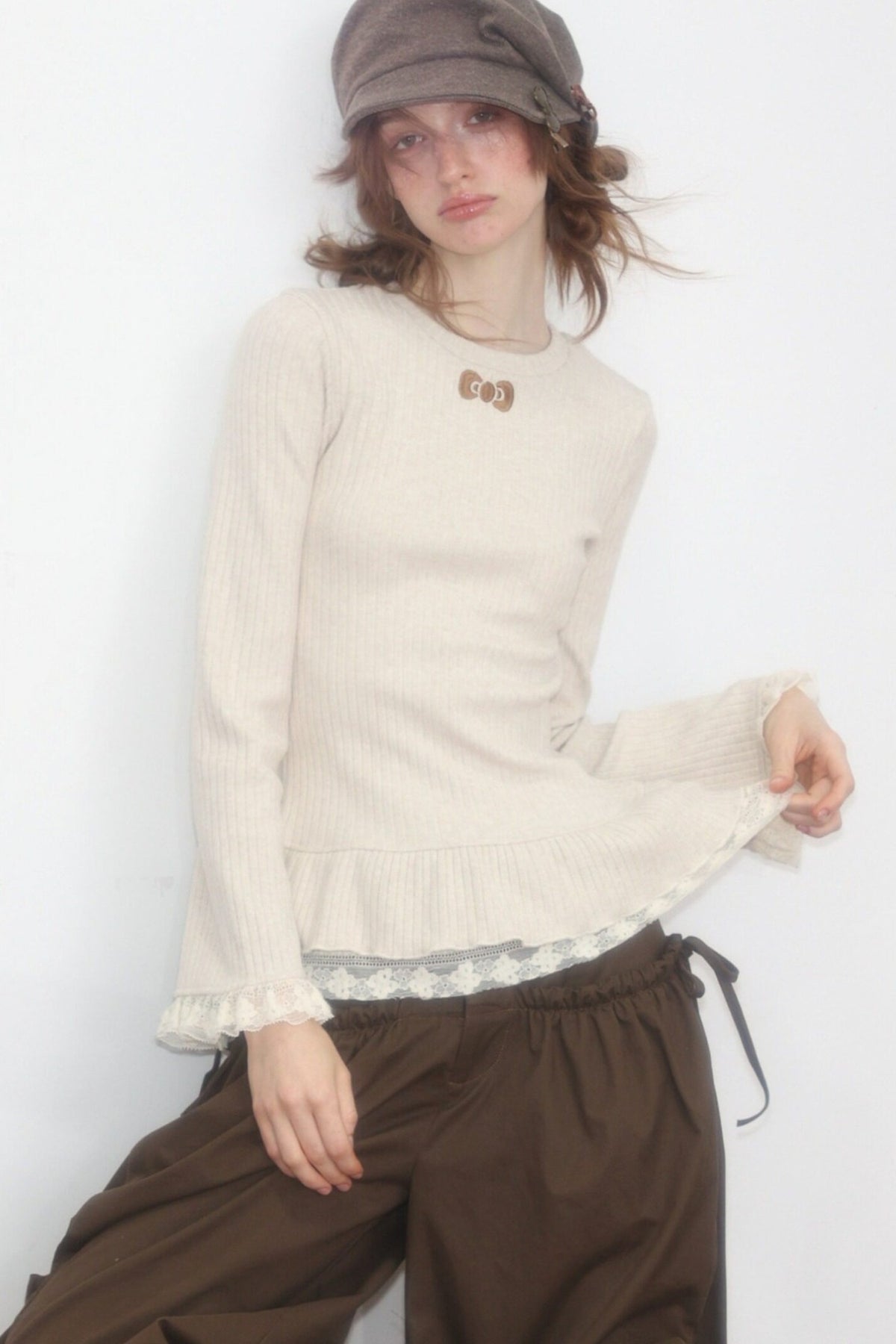 Lace Ruffle Hem Knit Top