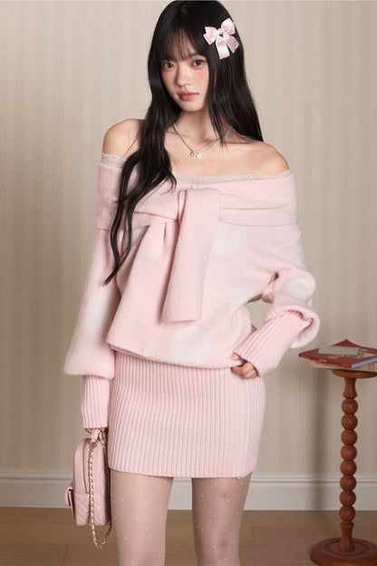 One-Shoulder Lace Knot Sweater Dress