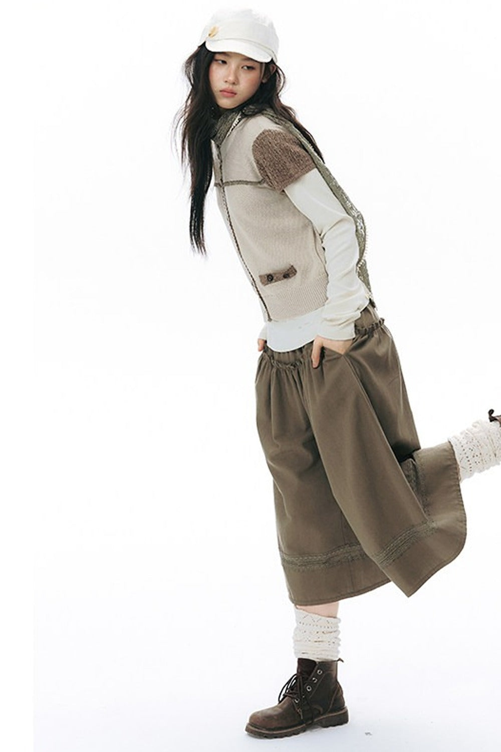Elastic Waist Patchwork Wide-Leg Skirt Pants