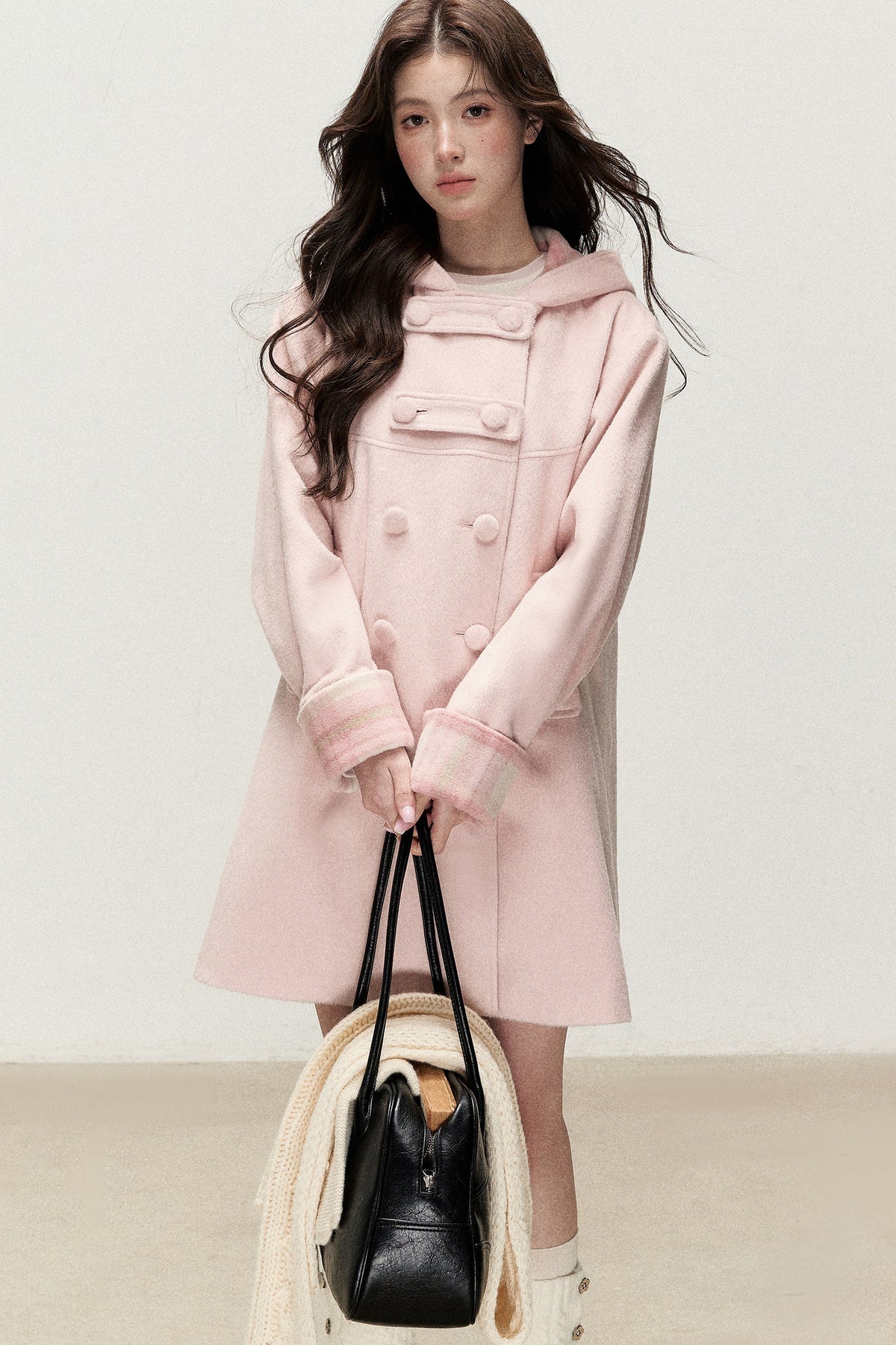 Cappotto doppiopetto con cappuccio a quadri rosa e color crema