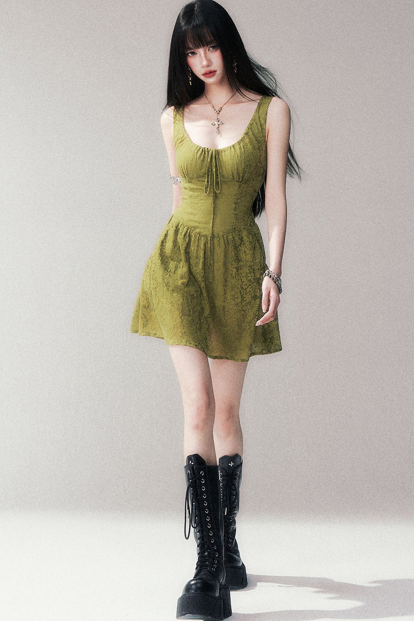 Moss Green Sleeveless Lace Dress