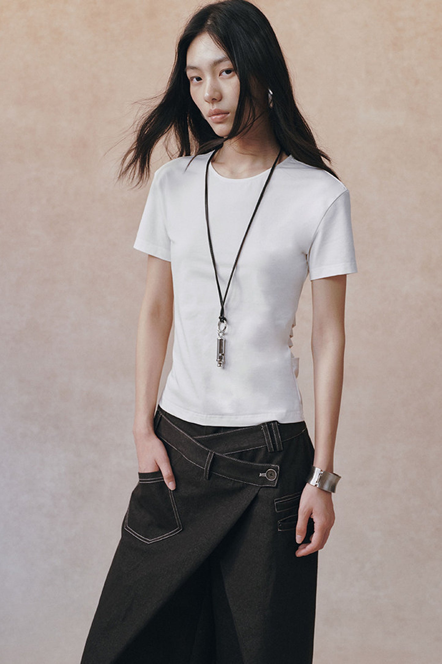 Backless Pleated Hollow-Out Short-Sleeve T-Shirt