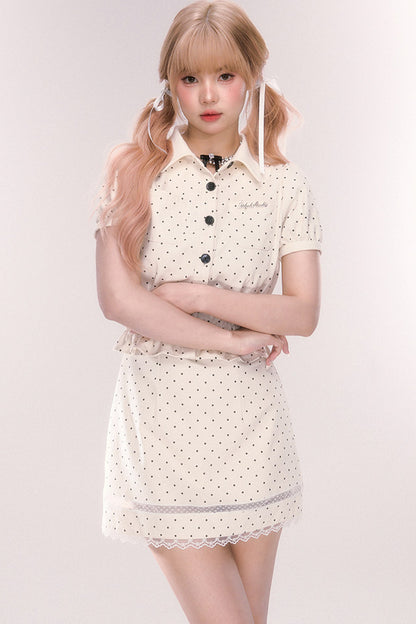 Polka Dot Babydoll Blouse Skirt Set-Up