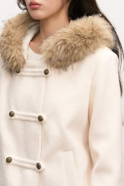 Conjunto de abrigo blanco de lana con cuello de pelo y falda