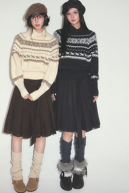 Fair Isle Cable-Knit Stand-Up Collar Sweater
