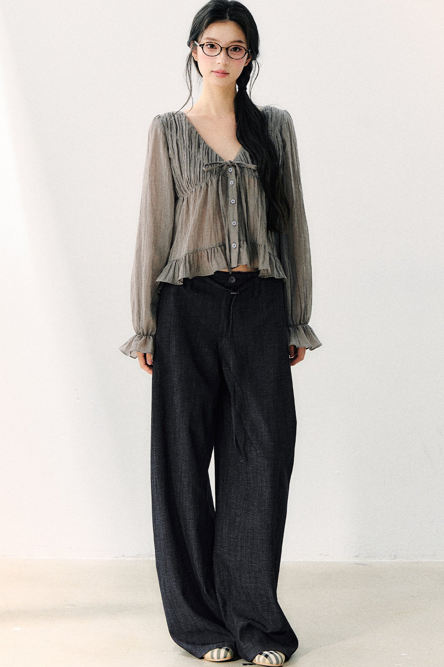 Ruffled V-Neck Long-Sleeved Chiffon Top