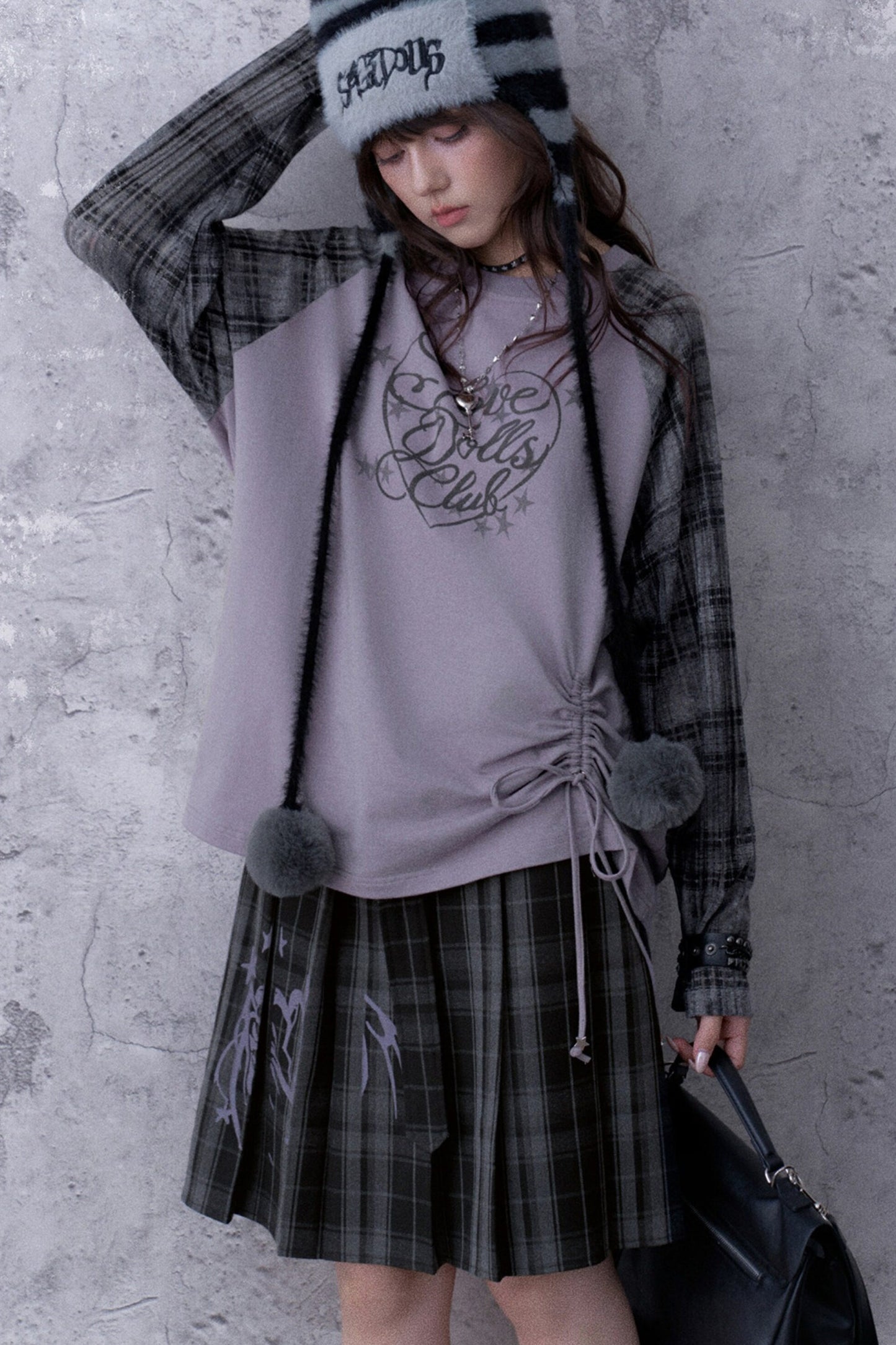 Gray-Purple Raglan Sleeve Printed Drawstring T-Shirt and Plaid Skirt Set
