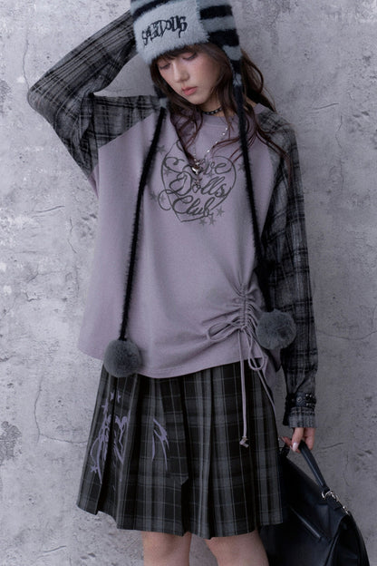 Gray-Purple Raglan Sleeve Printed Drawstring T-Shirt and Plaid Skirt Set