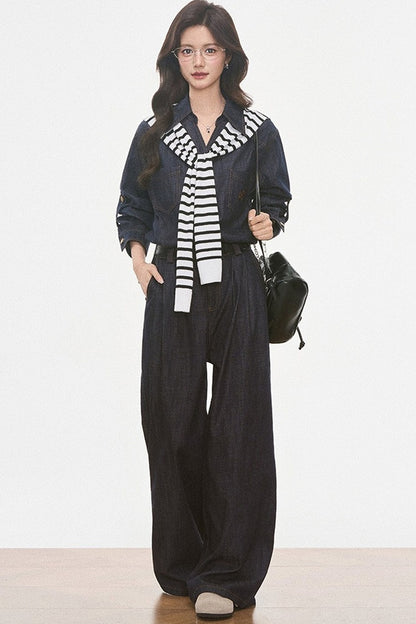 Set aus Jeansoptik-Hemd, weiter Hose und Jacke