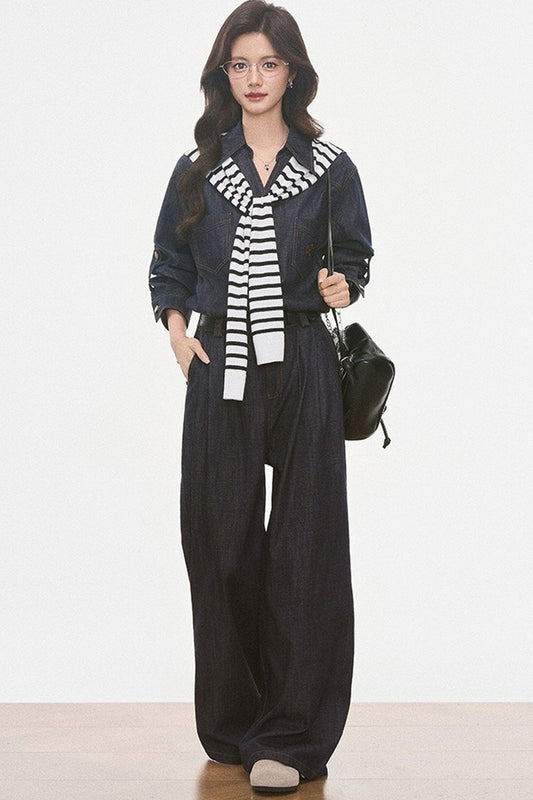Ensemble veste, pantalon large et chemise effet denim
