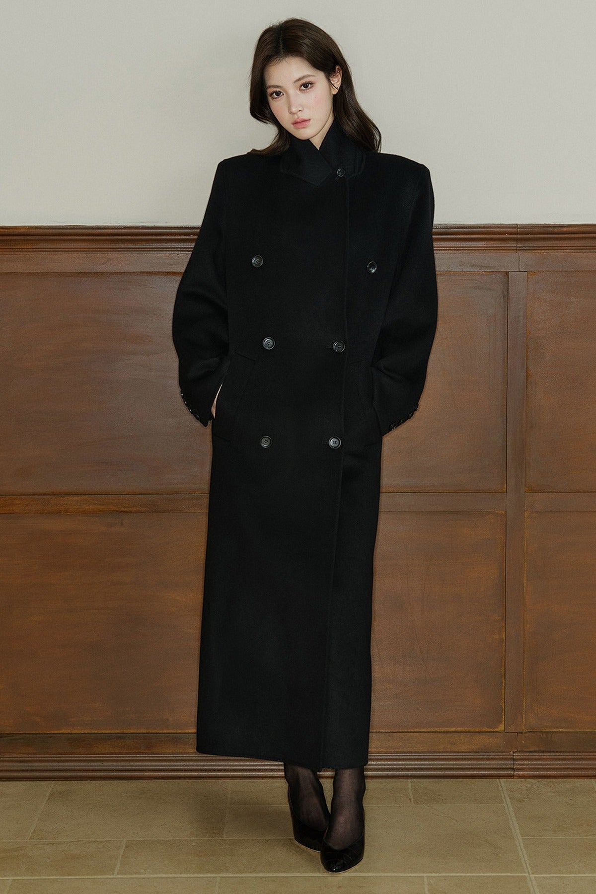 Double Breasted Notch Lapel Long Wool Coat