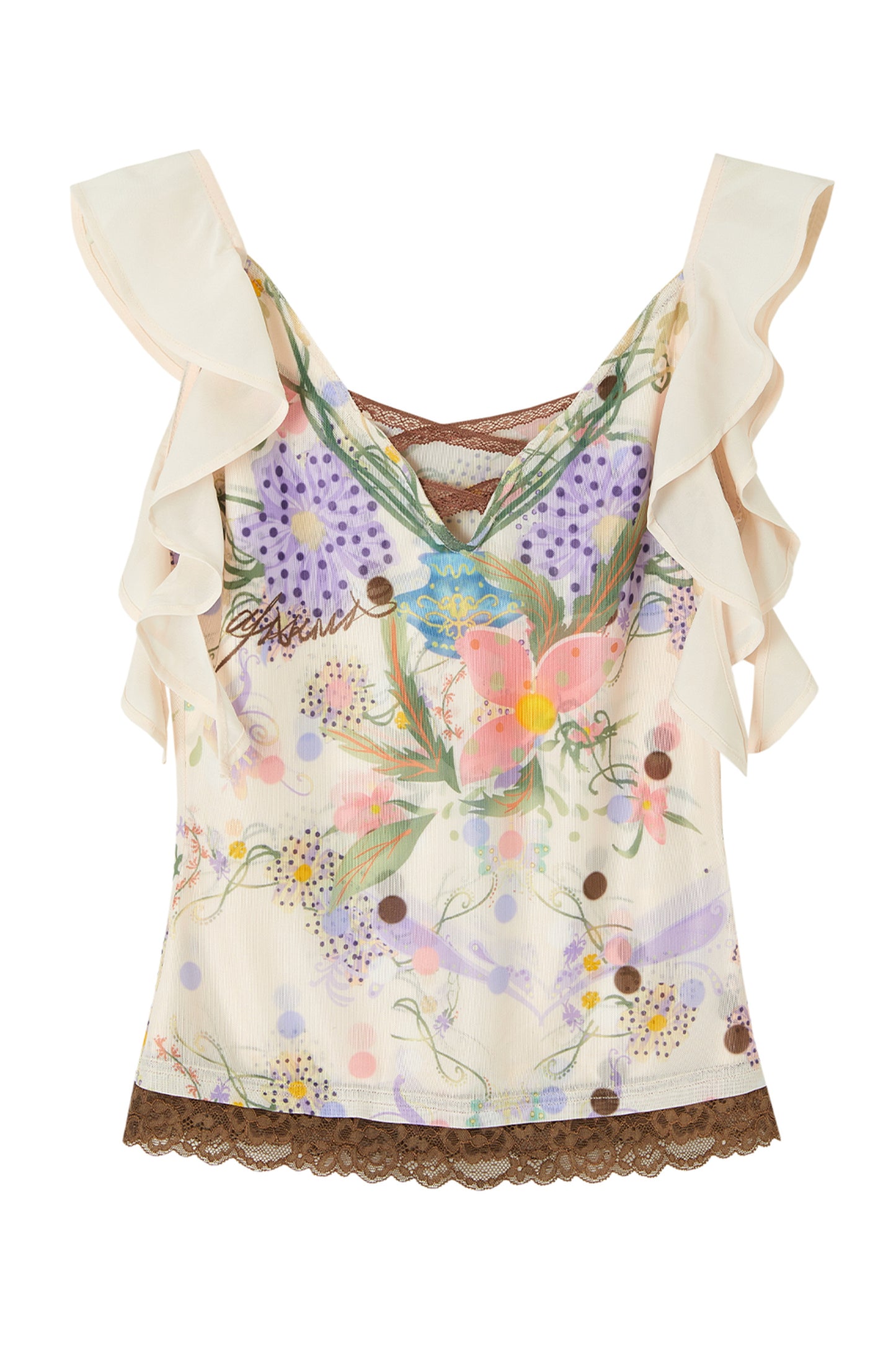 Hand-Painted Floral Print Ruffle Cross Tie Top