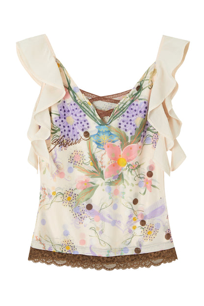 Hand-Painted Floral Print Ruffle Cross Tie Top