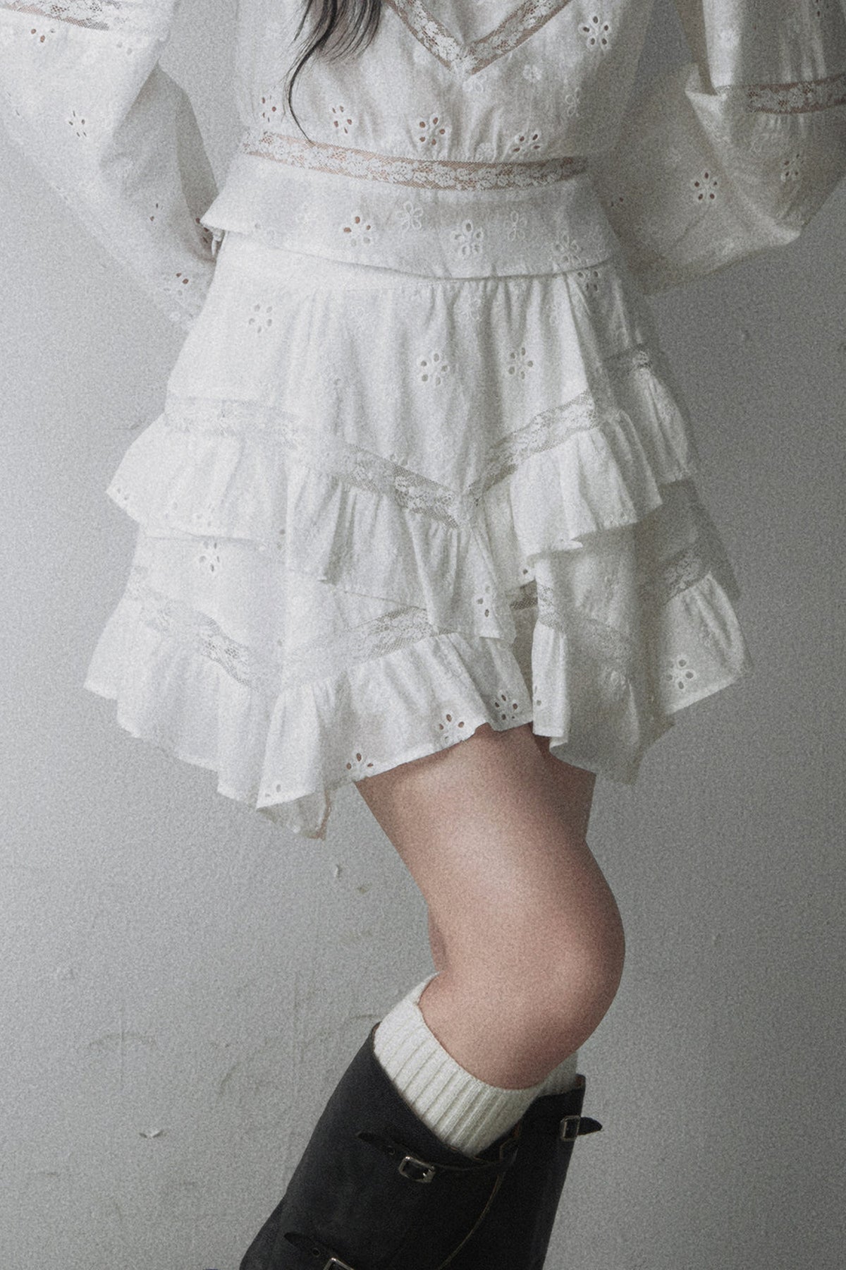 Long-Sleeved Hollow Embroidered Top and Asymmetrical Skirt Set-Up