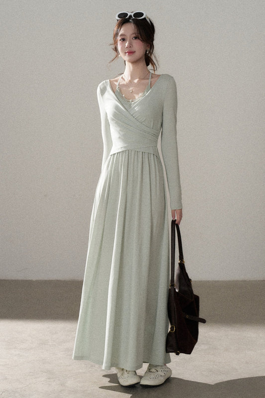 Long Sleeve V-Neck Lace Knit Dress