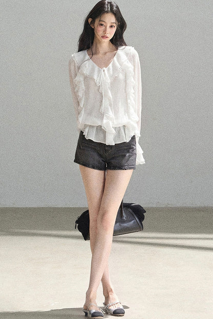 Set aus transparenter Chiffon-Cover-up-Bluse mit Rüschen