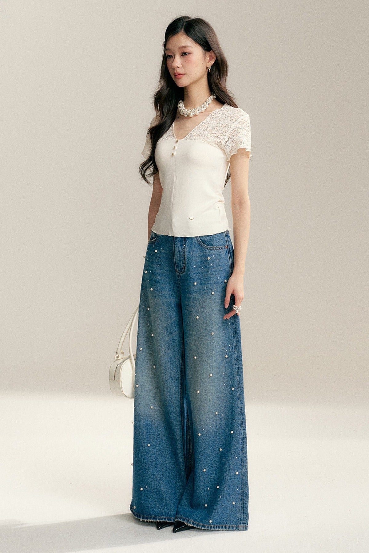 Pearl Rhinestone Wide Leg Jeans