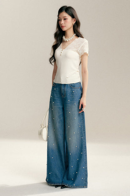 Pearl Rhinestone Wide Leg Jeans