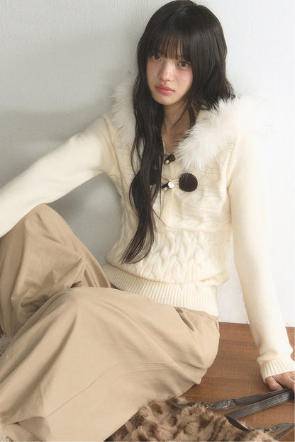 Large Fur Collar Toggle Hood Knit Top and Pants