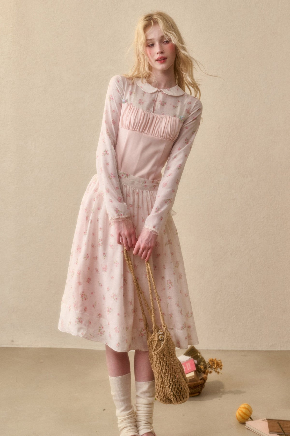 Peach Floral Satin Tencel Dress With Skirt Set-Up
