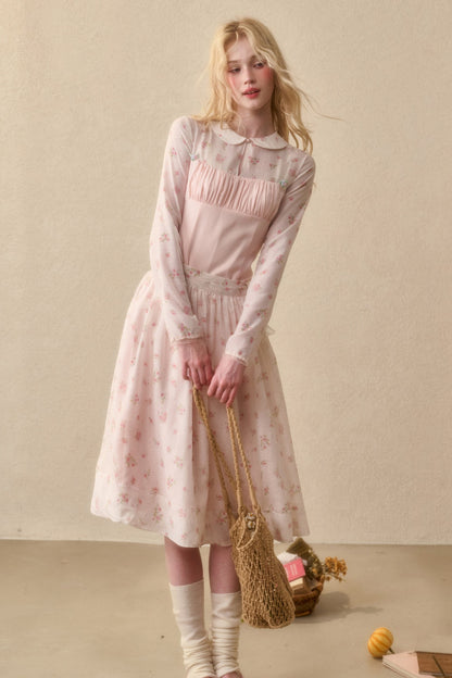 Peach Floral Satin Tencel Dress With Skirt Set-Up