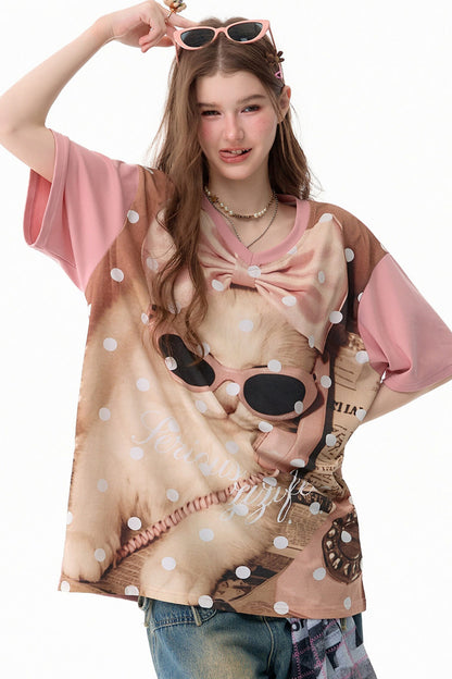 Rosa gepunktetes T-Shirt mit Katzenmotiv