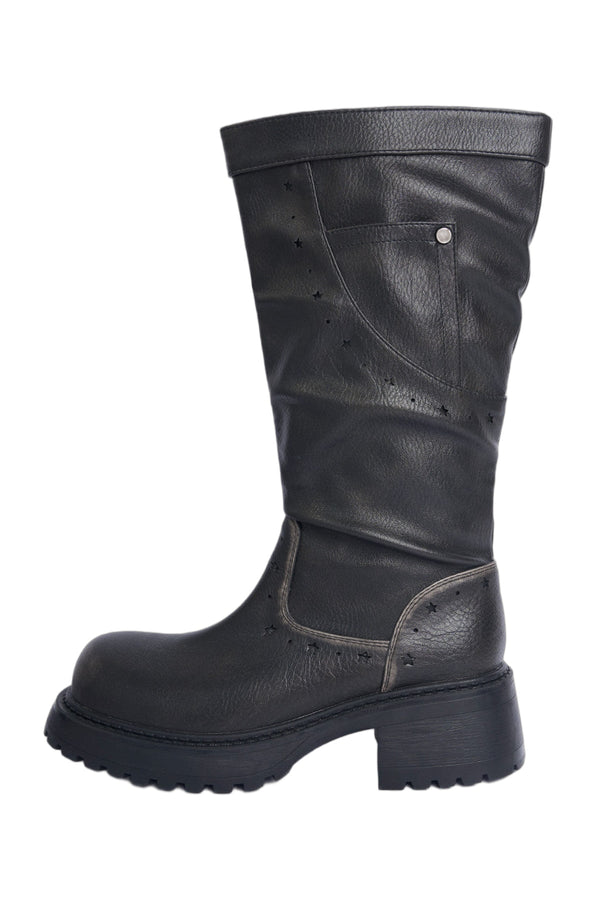 Thick-Soled Chunky Heel Black Leather Knee Boots