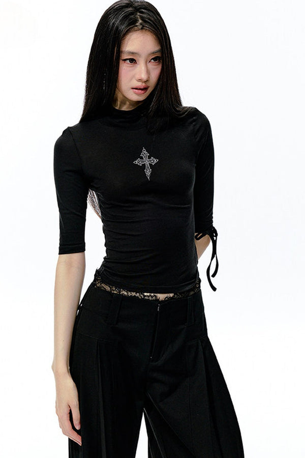 High-Neck Tie-Up Mid-Sleeve Slim-Fit Top