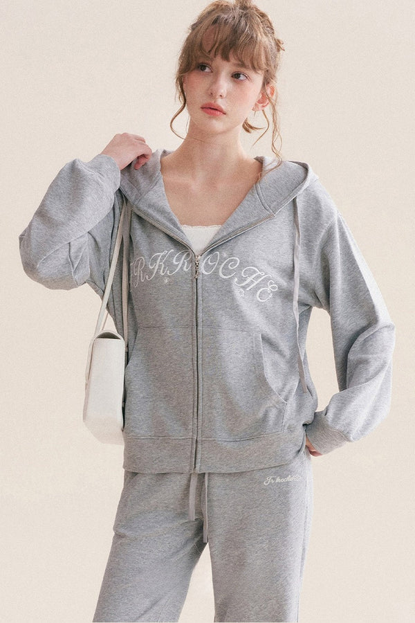 Hooded Logo Embroidered Sweatshirt Jacket and Drawstring Straight-Leg Sweatpants Set-Up