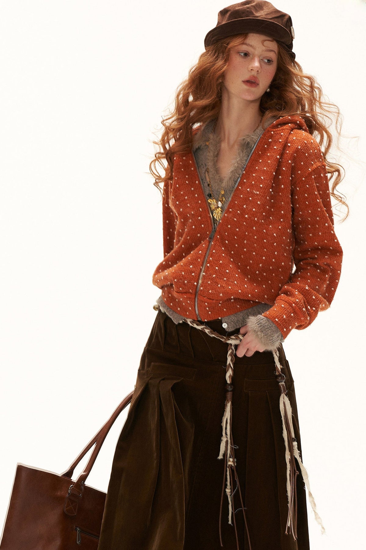 Cardigan à capuche zippé à pois
