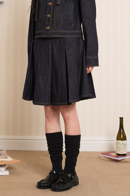 Washed Denim Pleated A-Line Skirt