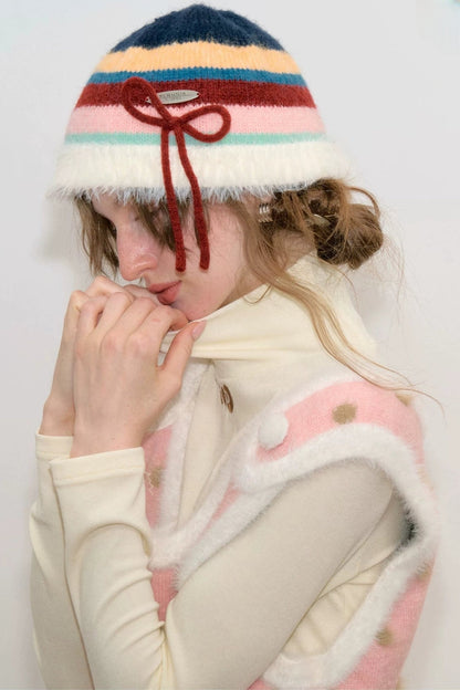 Color-Block Striped Bow Pot Hat