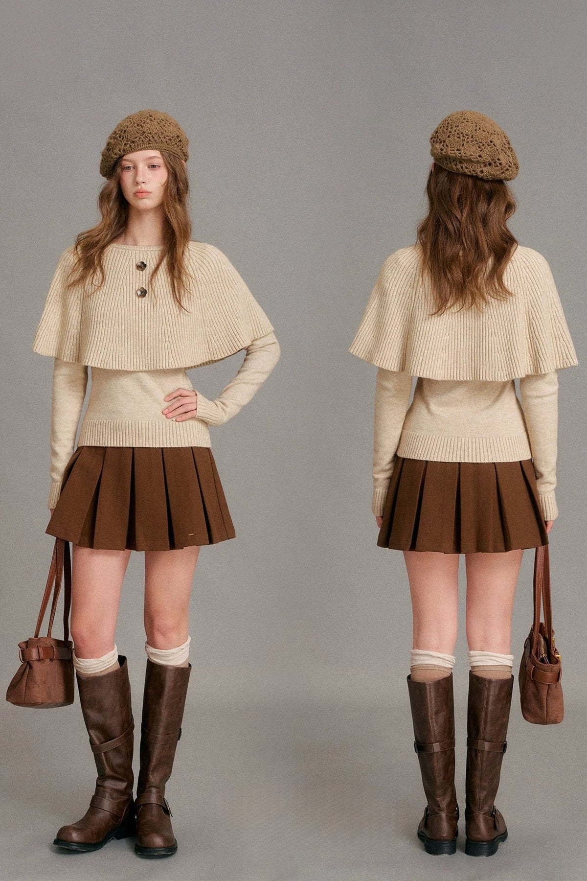 Floral Button Ribbed Cuff Cape Sweater Set