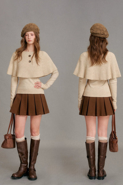 Floral Button Ribbed Cuff Cape Sweater Set