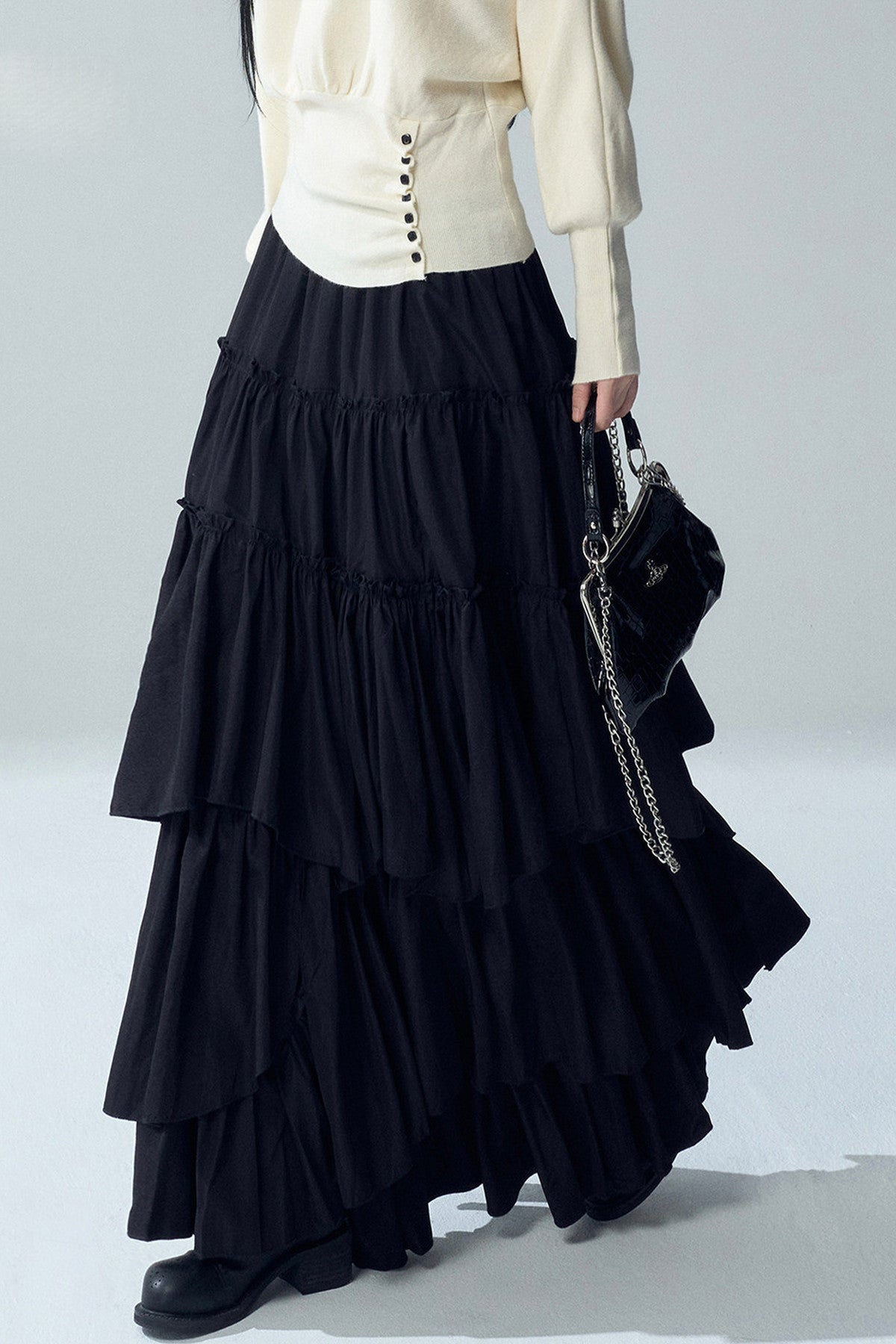 Black Irregular Ruffle Skirt