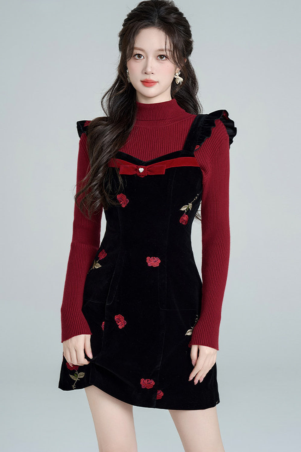Rose Velvet Strap Dress Set-Up