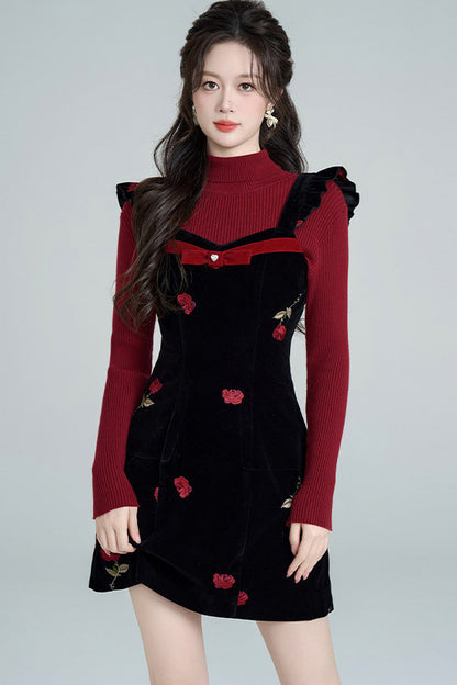 Rose Velvet Strap Dress Set-Up