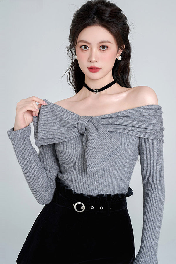 Off-Shoulder Bow Knit Pullover