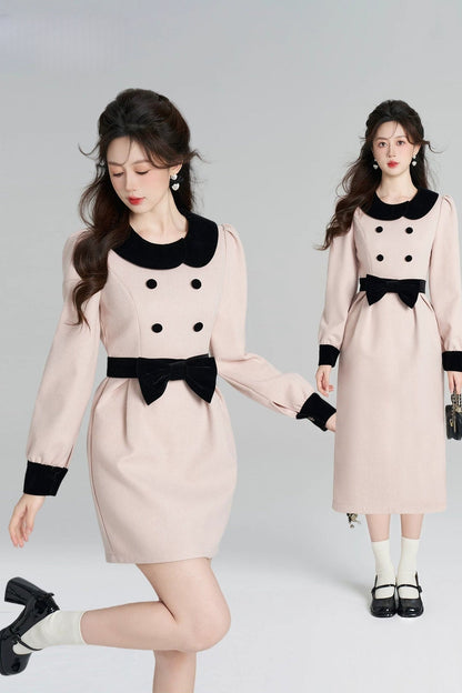 Pink Woolen Cinched Waist Dress