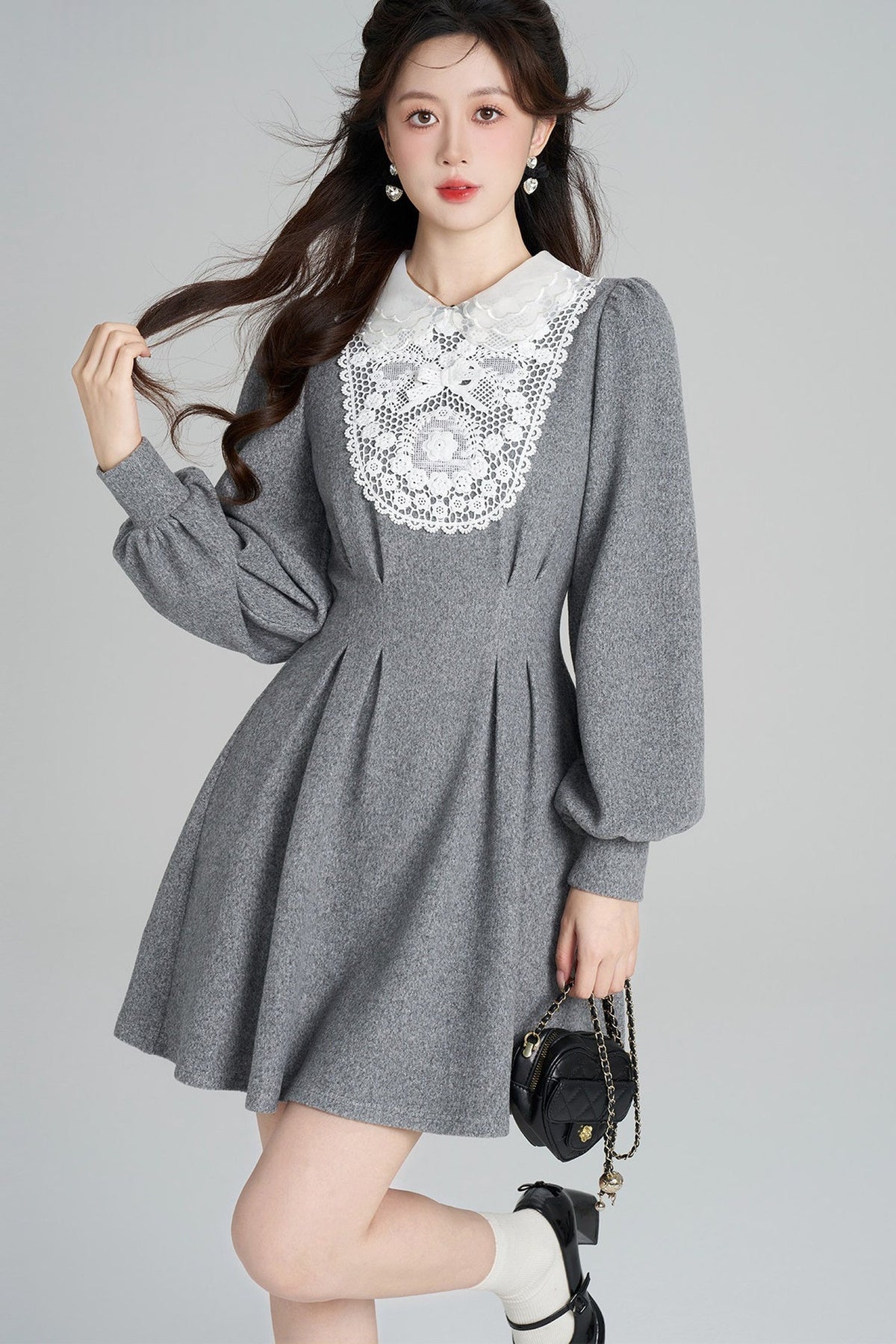 Lace Patchwork Puff Sleeve Dress