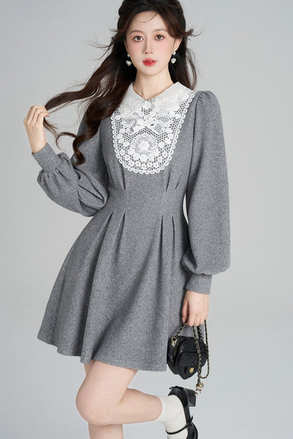 Lace Patchwork Puff Sleeve Dress